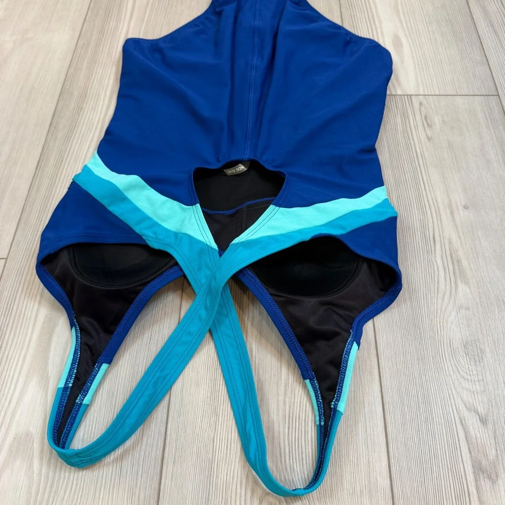 Lands End Blue Turquoise Colorblock One Piece Swimsuit Cross Back Size 10